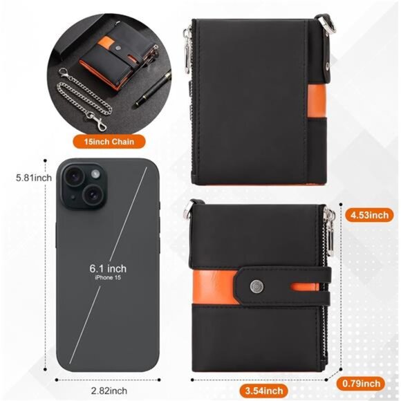 Mens Wallets with Chain Genuine Leather Black Orange - Picture 3 of 7